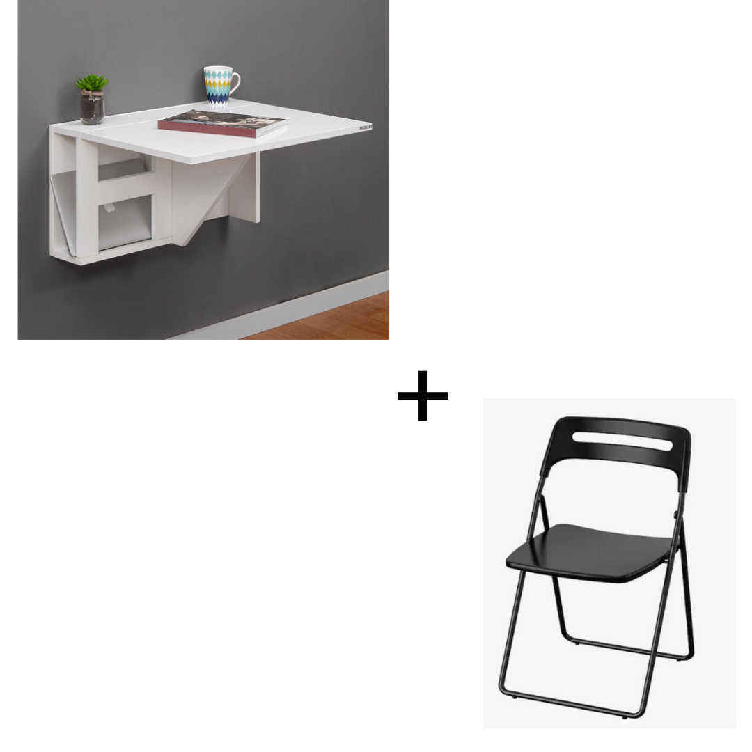 Wall Mounted iDesk with Ledge & Storage with Compact Foldable Chair ...