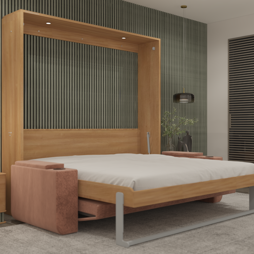 A king size bed with sofa integrated on one side, featuring a hydraulic lift assist system, in a room setting with visible wood finish and modern design.