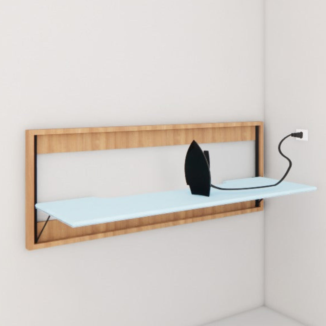 Wall-mounted folding table with a glass top and wooden frame, featuring an iron on a white background.